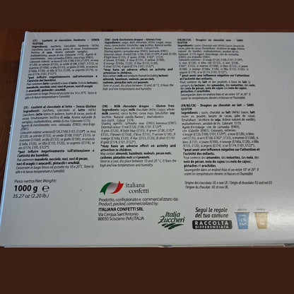 retro etichetta confetti maxtris al cioccolato fondente o al latte senza glutine, ingredienti, allergeni, consigli per la conservazione, peso netto 1000 grammi, produttore italiana confetti srl indirizzo