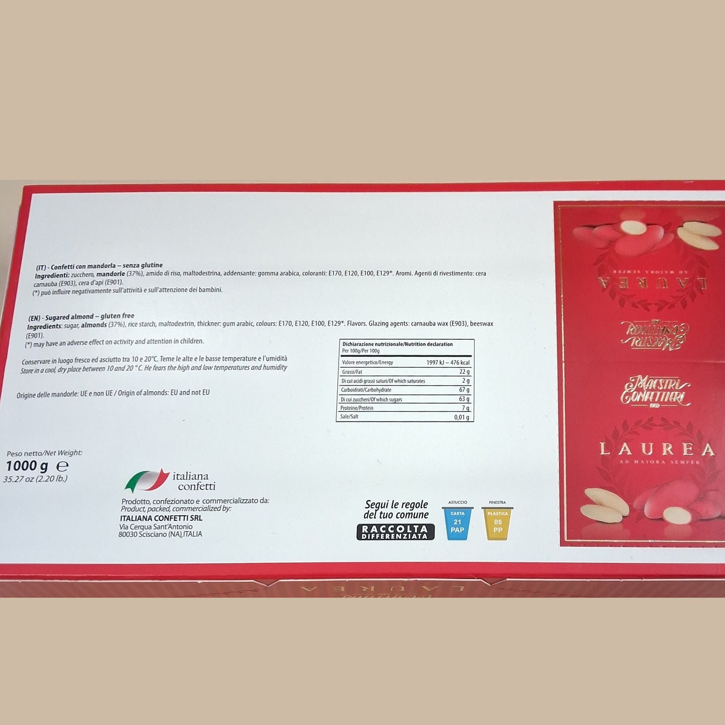 scatola 1 kg confetti con mandorla senza glutine rossi per bomboniere laurea fai da te ad maiora semper tabella nutrizionale ed ingredienti, consigli di conservazione prodotto