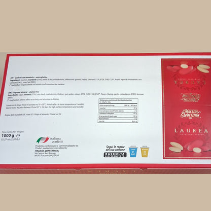 scatola 1 kg confetti con mandorla senza glutine rossi per bomboniere laurea fai da te ad maiora semper tabella nutrizionale ed ingredienti, consigli di conservazione prodotto