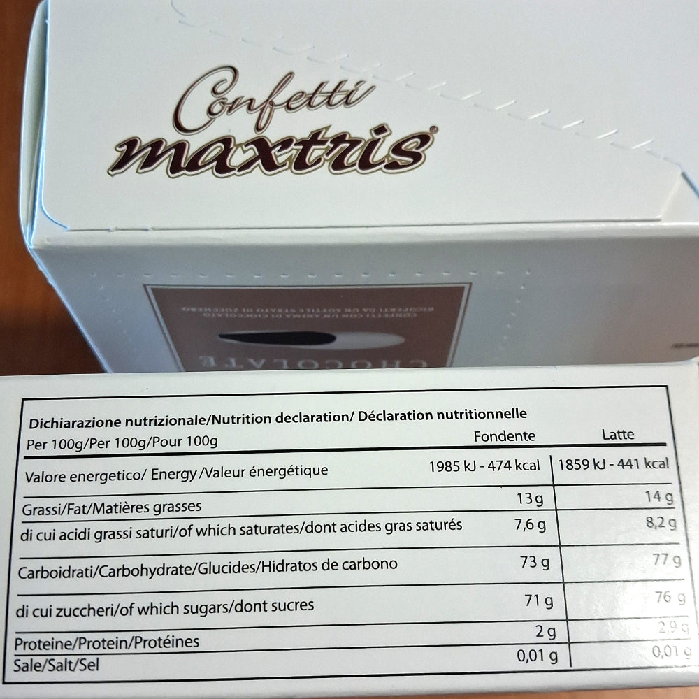 confetti cioccolato fondente maxtris tabella dichiarazione nutrizionale per 100 g fondente e latte