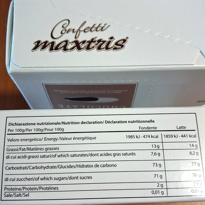 confetti cioccolato fondente maxtris tabella dichiarazione nutrizionale per 100 g fondente e latte