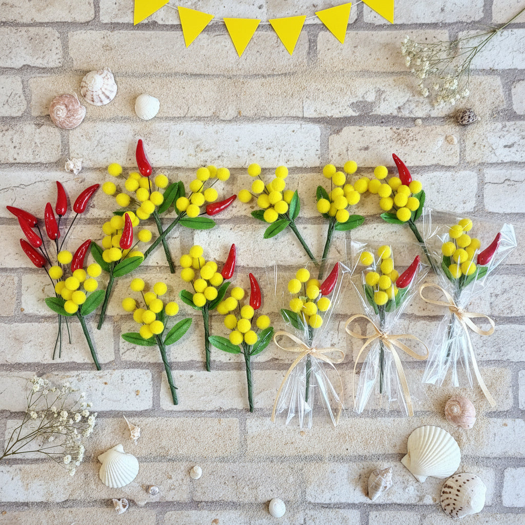 working in progress con fai da te mazzetto finto festa della donna bouquet confezionato rametto mazzolino mimosa gialla foglie uso chiudipacco segnaposto bomboniera regalino gadget pensierino idea regalo originale particolare