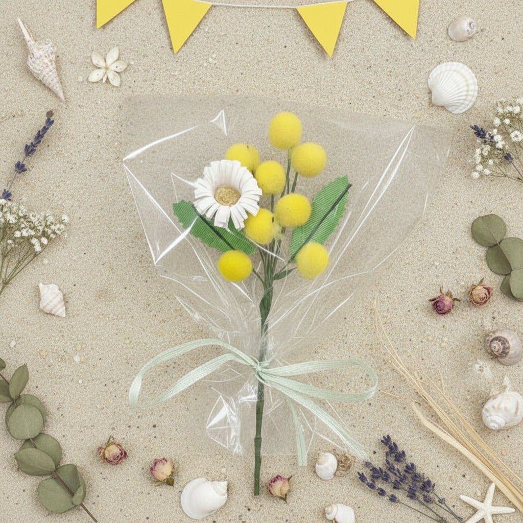 margherita di carta e mazzetto festa della donna bouquet confezionato bustina rametto mazzolino mimosa gialla foglie uso chiudipacco segnaposto bomboniera regalino gadget pensierino idea regalo originale particolare