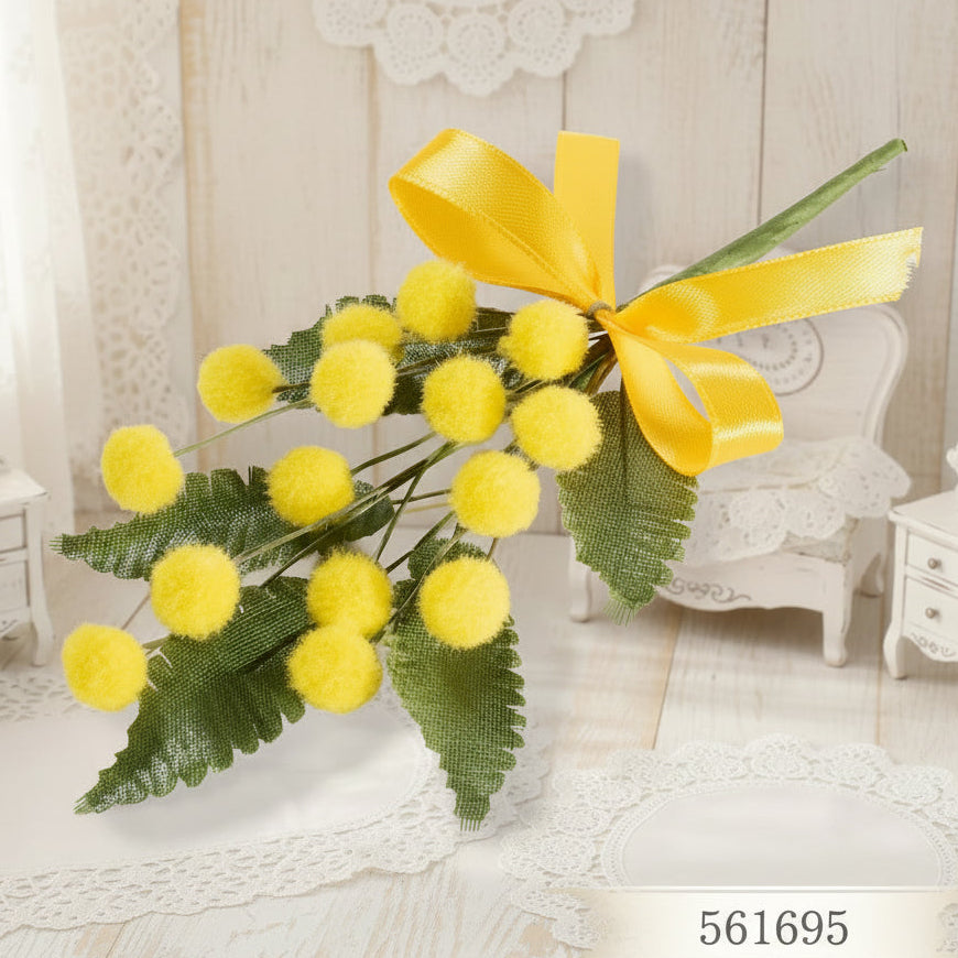 ramo palline gialle fiori ciniglia foglie su stelo per 8 marzo 2026 auguri con mimosa artificiale finta confezionata nastrino e fai da te festa della donna decorazioni casa vetrina negozio idee regalo packaging vetrinistica confezionamento chiudipacco segnaposto con mazzetto e fiocco, solo rametto semplice bouquet mazzolino