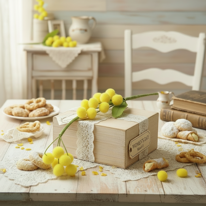 idea fai da te come confezionare scatola di dolci mazzolino con 3 mazzetti mimosa finta artificiale fiori gialli e 3 foglie palline ciniglia per fai da te confezionare regalini ricordini souvenir vetrinistica chiudipacco festa della donna 8 marzo 2026