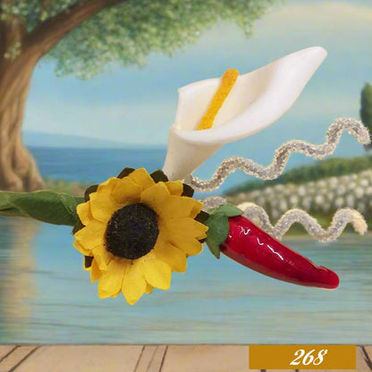 segnaposto con calla nebbiolina celeste girasole peperoncino composizioni pasquali miste artificiali per decorazioni hobbistica bomboniere fai da te packaging confezionamento regali chiudipacco pasticceria