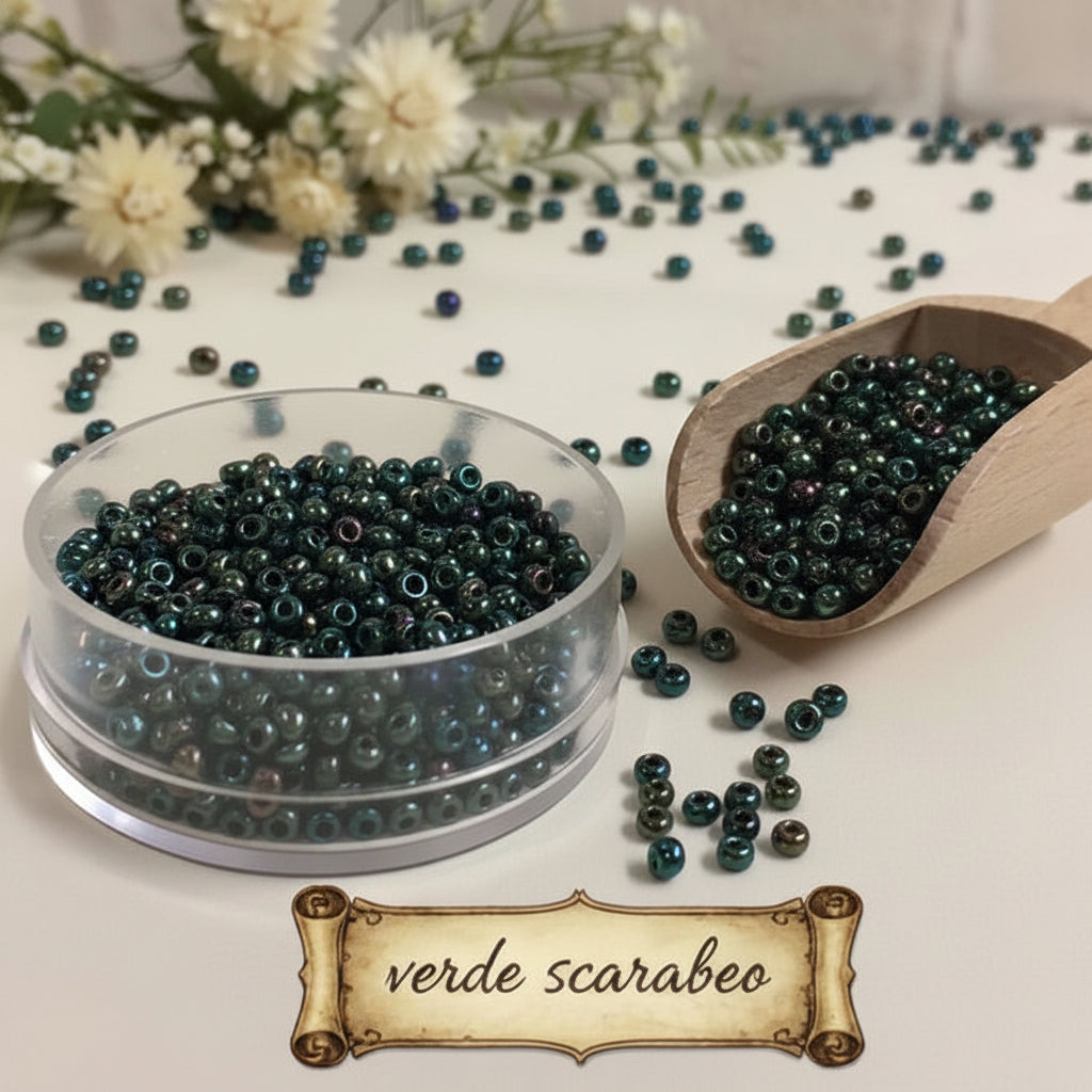 verde scarabeo rocailles perline vetro 2.5 mm 9.0 diametro conteria lavorazione bijoux gioielli di bigiotteria e fiori di perle esclusive centrini tissage tipo metallico per addobbi natalizi