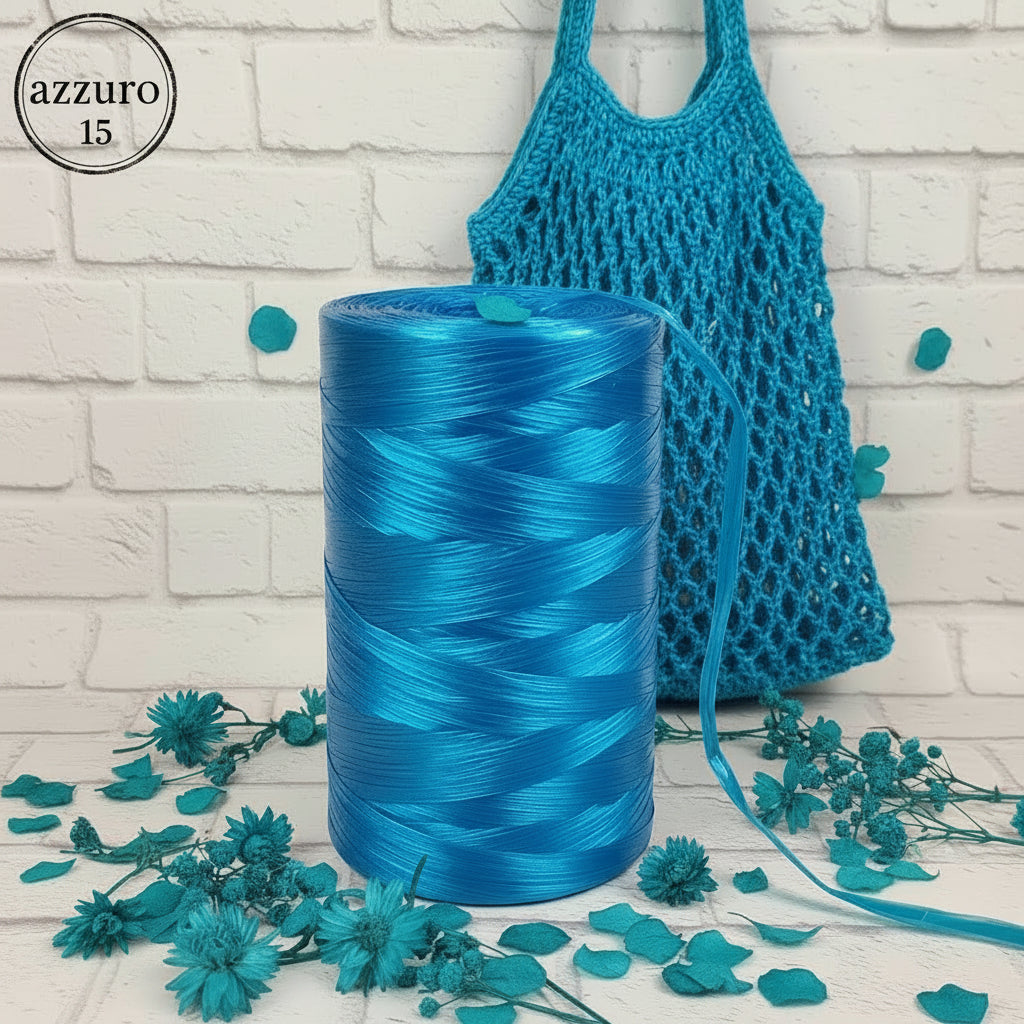 rotolo mezzo chilo 470 g di rafia sintetica colorata azzurra uncinetto idea fai da te DIY borsa mare a rete estiva