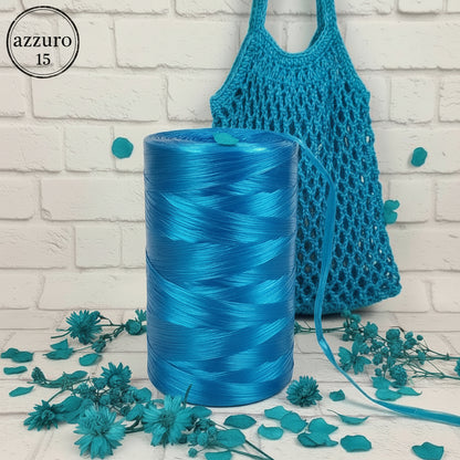 rotolo mezzo chilo 470 g di rafia sintetica colorata azzurra uncinetto idea fai da te DIY borsa mare a rete estiva