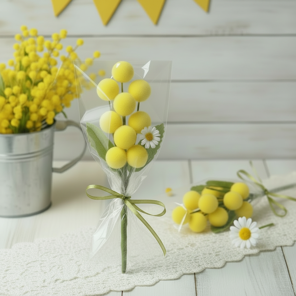 modelli chiudipacco packaging segnaposto mazzetto mazzolino pick piccolo mimosa finta artificiale confezionata con foglie boccioli pistilli margherita in sacchetto trasparente per mini bouquet festa della donna 8 marzo idea regalo