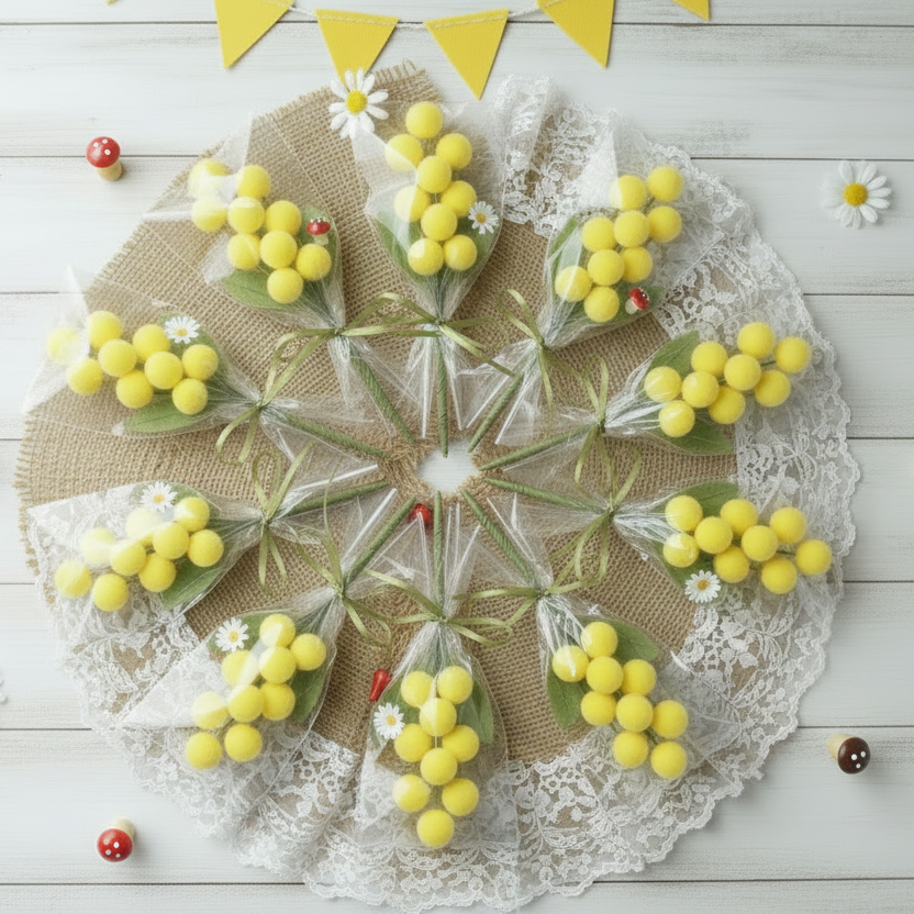 come decorare con segnaposto mazzetto mazzolino pick piccolo mimosa finta artificiale confezionata con foglie boccioli pistilli peperoncino funghetto margherita in sacchetto trasparente per mini bouquet festa della donna 8 marzo idea regalo