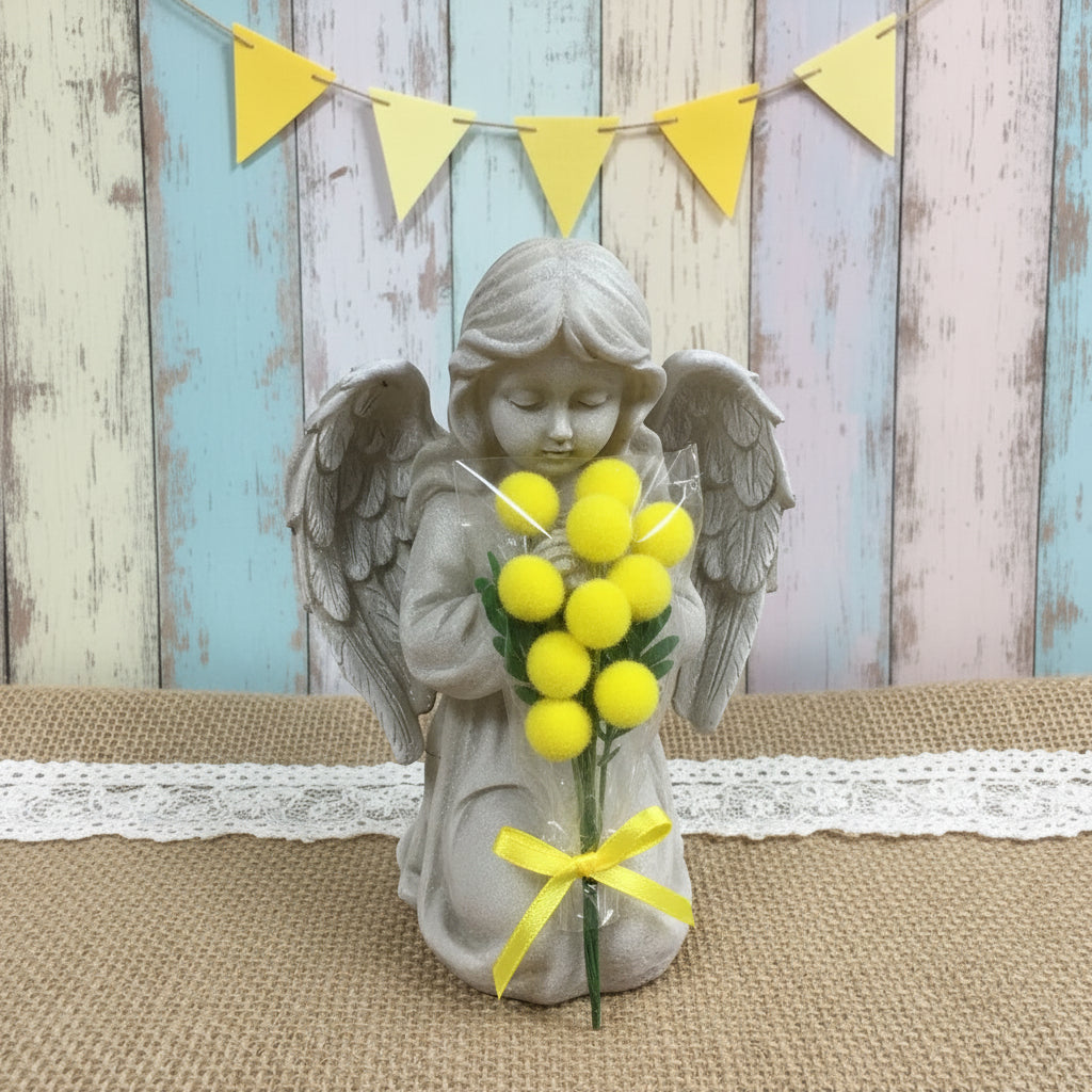 composizione angelo con pick mazzolino bouquet piccolo miniatura fiori mimosa finta artificiale di ciniglia gialla pistilli foglie idea regalo decorazioni fioristi festa della donna 8 marzo