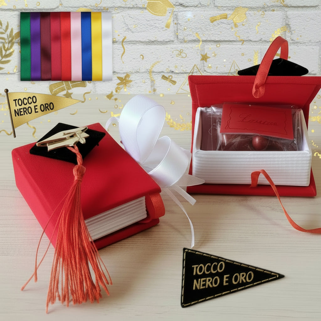 tocco nero e oro scatolina originale portaconfetti bomboniera laurea segnaposto festa confezionata confetti bigliettino personalizzabile con colore nastrino raso, allestimento nappina muro con simboli grafici pergamena corona alloro ceralacca