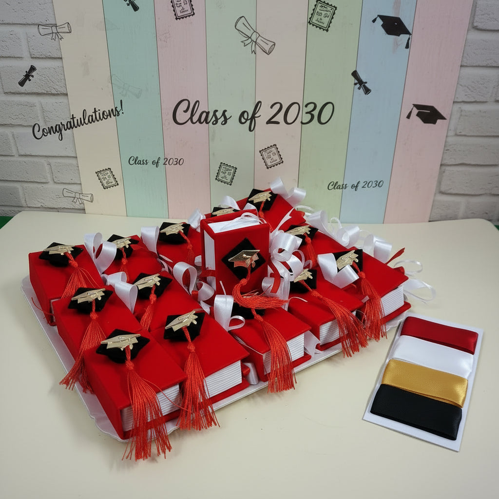 congratulations scatoline originale portaconfetti bomboniera laurea segnaposto festa confezionata confetti bigliettino personalizzabile con colore nastrino raso, allestimento tocco cappello e nappina muro con simboli grafici pergamena