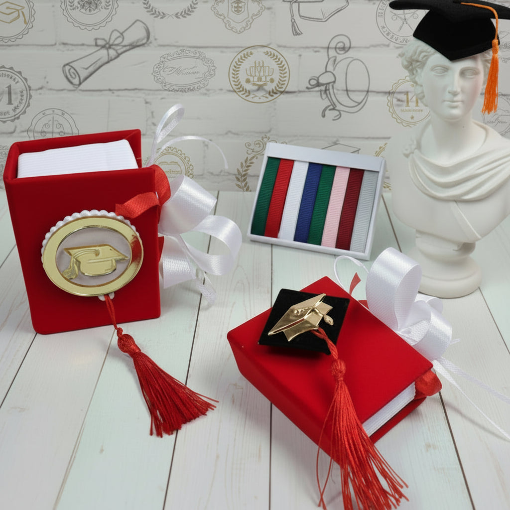 scatolina originale portaconfetti bomboniera laurea segnaposto festa confezionata confetti bigliettino personalizzabile con colore nastrino raso, allestimento mezzobusto con tocco cappello e nappina muro con simboli grafici pergamena corona alloro ceralacca