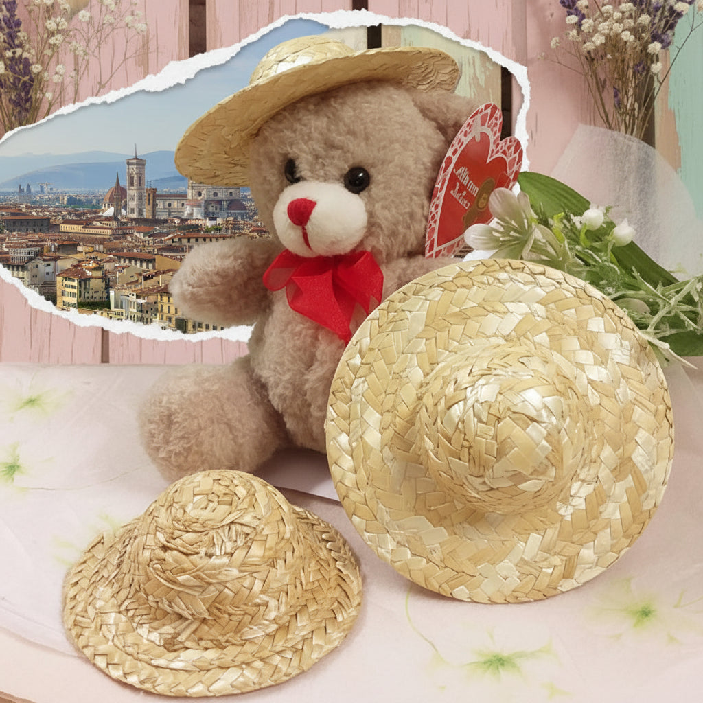 vetrina estiva bambola di pezza orso peluche da creare con cappello rafia paglia modello firenze miniatura per decorazioni bomboniere fai da te rustiche grezze di iuta