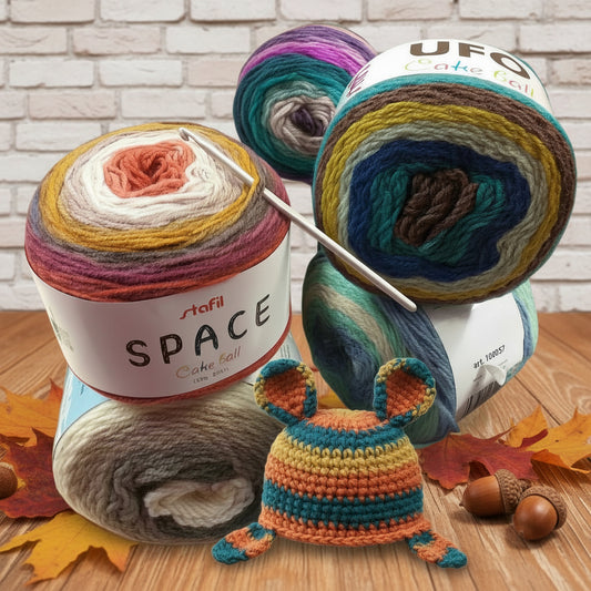 amigurumi cuffie berretti cappelli orecchie pompon con misto lana acrilico UFO sfumata cake Ball filato stafil caramella multicolore gomitoli in vendita per uncinetto maglia schemi cartamodelli lavori bambini kit turchese ocra panna marrone