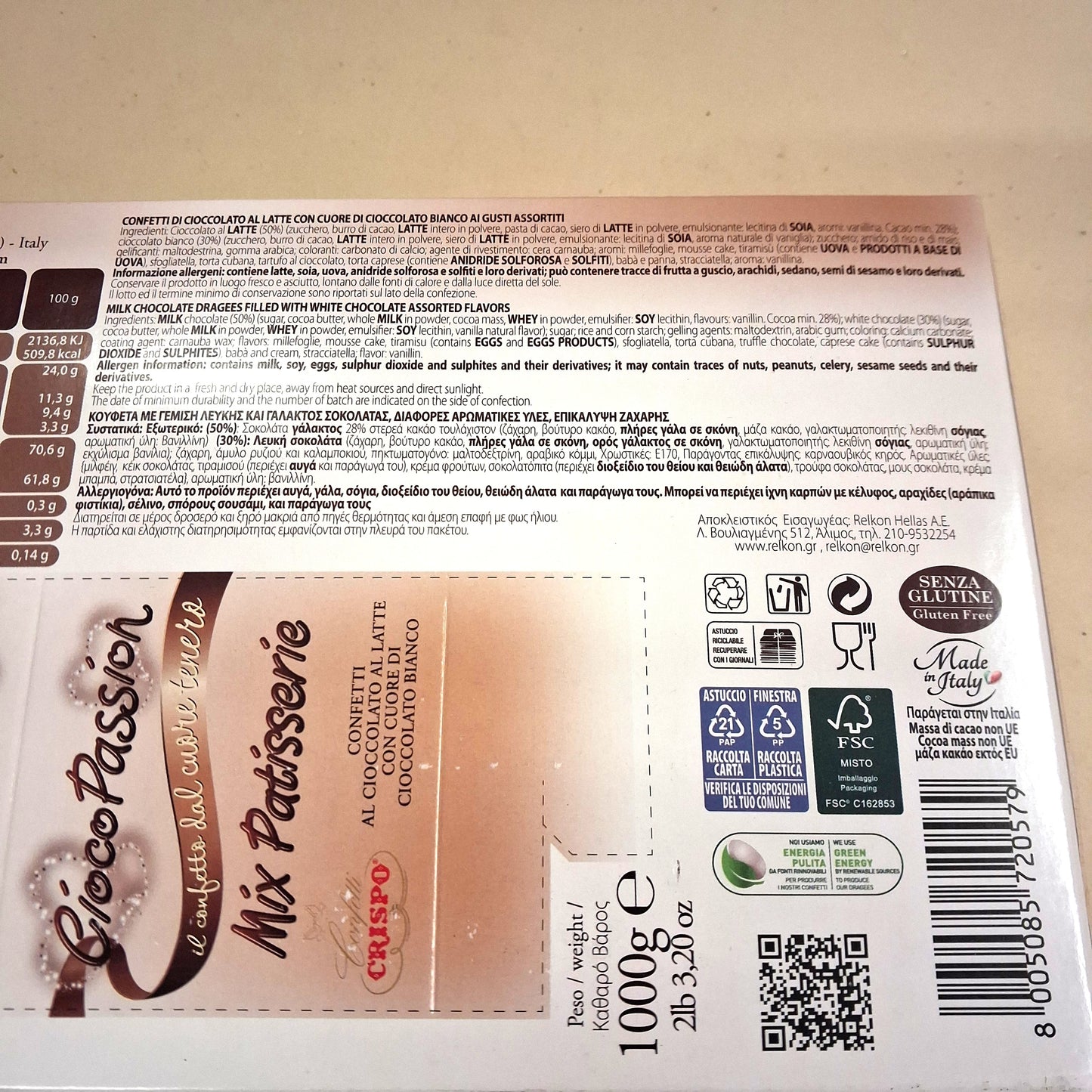 retro scatola senza glutine gluten free made in italy ingredienti peso
ciocopassion Crispo il confetto dal cuore tenero mix patisserie cioccolato al latte e cioccolato bianco gusto pasticceria millefoglie mousse al cioccolato tiramisù sfogliatella torta cubana e caprese babà con panna