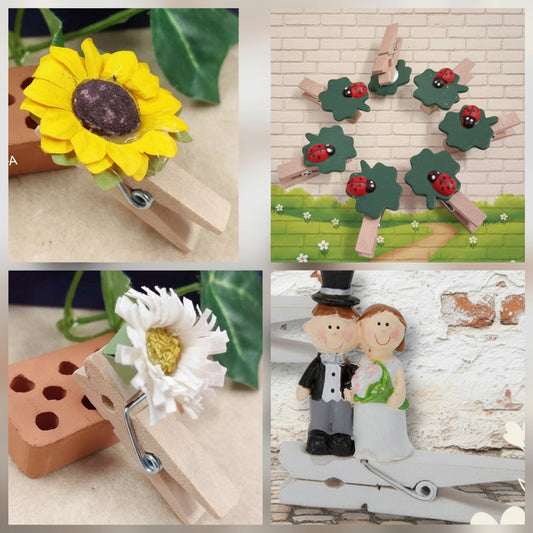 clip legno pinzette portabigliettini chiudipacco mollette bomboniere fai da te decorative pinze sposini fiori coccinelle quadrifoglio colorate uso packaging confezionamento hobbistica