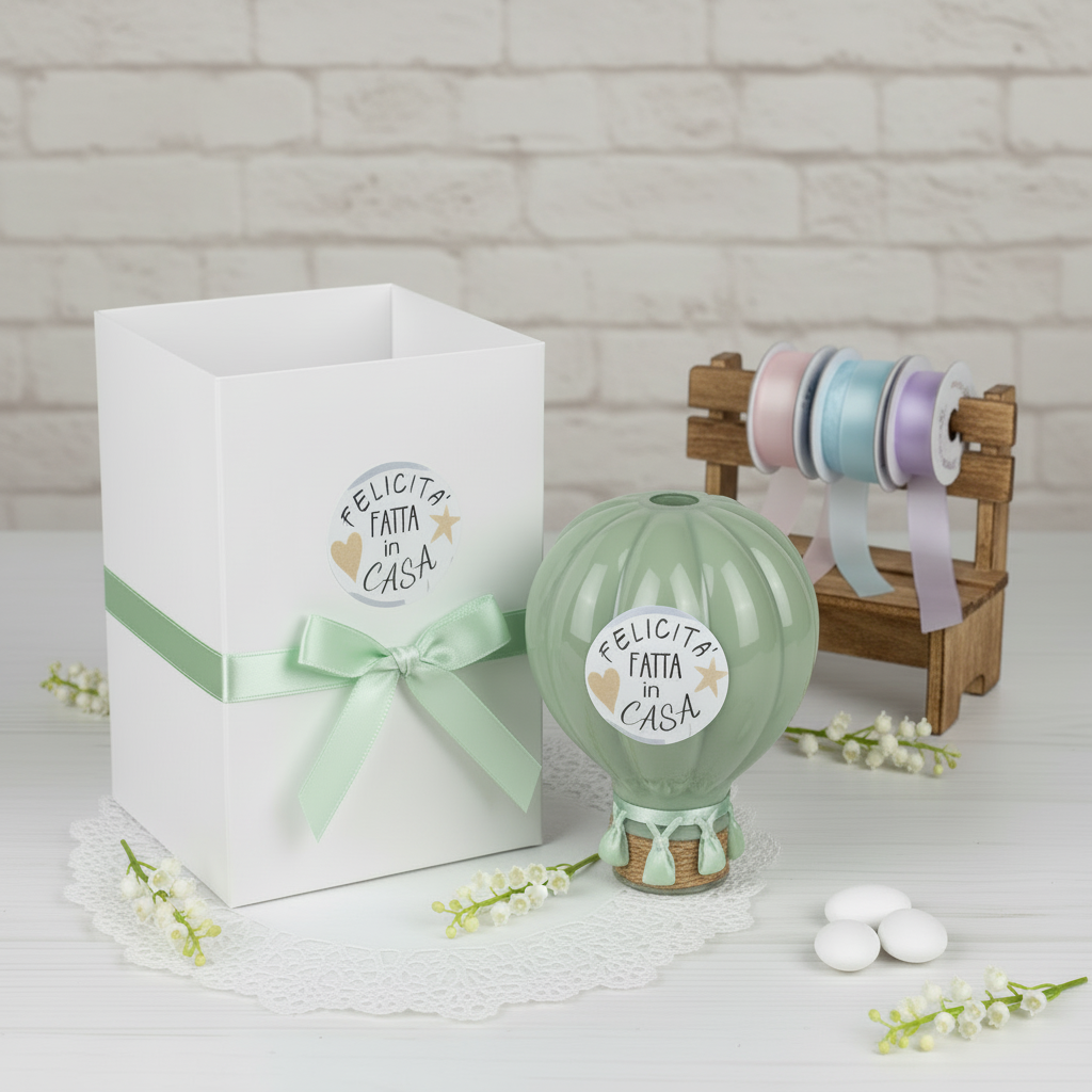 mongolfiera verde diffusore profumatore porcellana confezionare confetti tulle e nastrino di raso con astuccio scatola da bomboniera matrimonio Comunione Cresima Battesimo