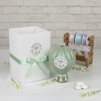 mongolfiera verde diffusore profumatore porcellana confezionare confetti tulle e nastrino di raso con astuccio scatola da bomboniera matrimonio Comunione Cresima Battesimo