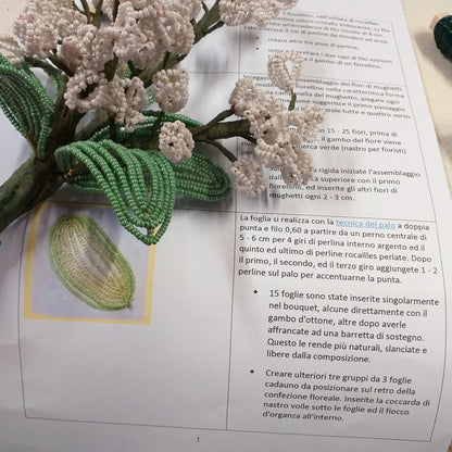 foglie del kit materiali occorrente foto tutorial spiegazioni creare mughetti perline fiori bianchi per bomboniere matrimonio bouquet sposa centrotavola rocailles beads conteria bianco verde