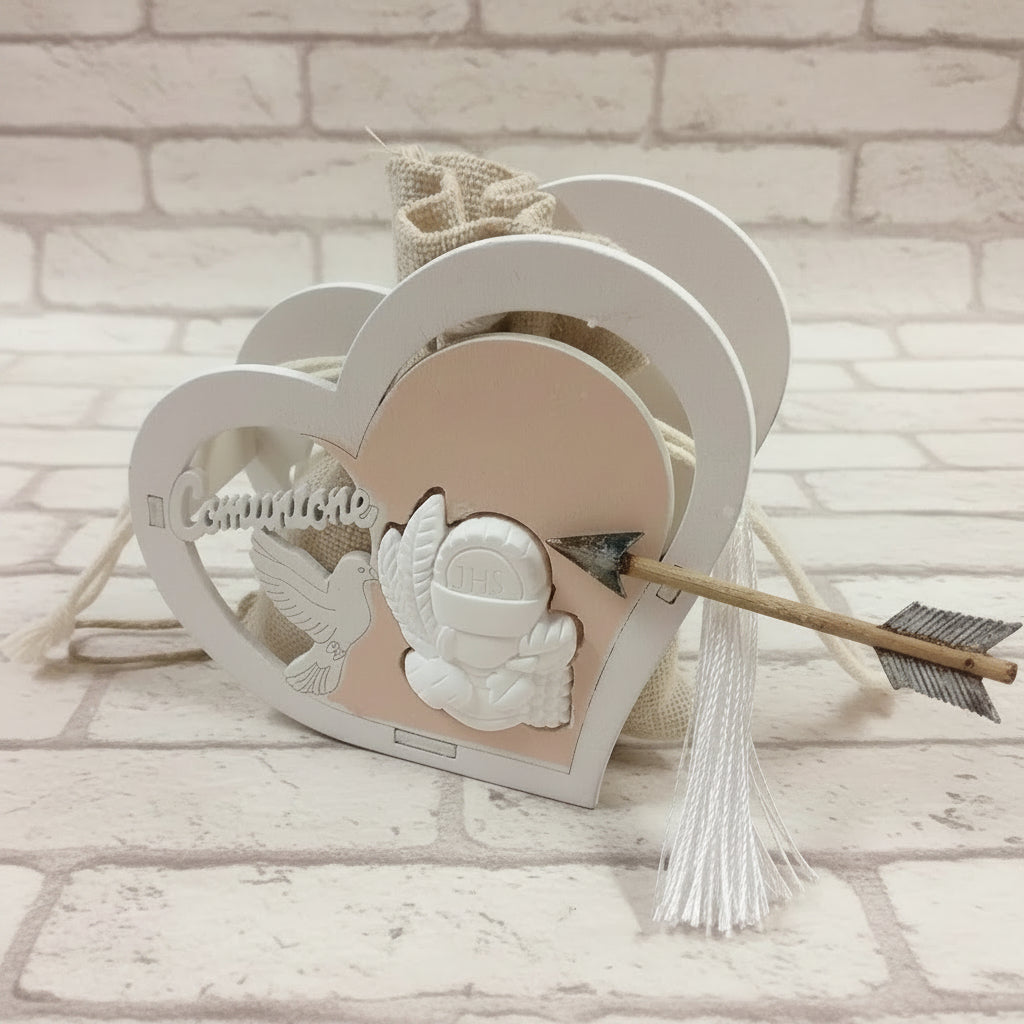 idea creativa icona legno shabby Prima Comunione sacchettino e nappine bianche decorative applicazioni fai da te bomboniere e segnalibro laurea comunione cresima matrimonio packaging ricordini souvenir