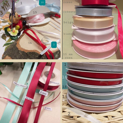 scelta tinte vetrina negozio online nastro raso bomboniere fai da te hobby creativi nastrini decorazioni matrimonio colori assortiti uso confezionare regali Natale uova Pasquali packaging confezionamento