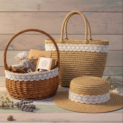 idee fai da te cucito creativo e bricolage di nastro pizzo con cappello di paglia, borsa di rafia, cestino vimini, fiori secchi tag vintage e shabby