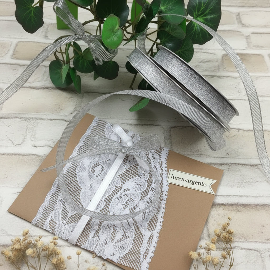 lurex-argento gross grain nastrino assortimento vetrina nastro decorativo per bomboniere anniversario matrimonio nozze e decorazioni albero natale confezioni regalo pacchi packaging