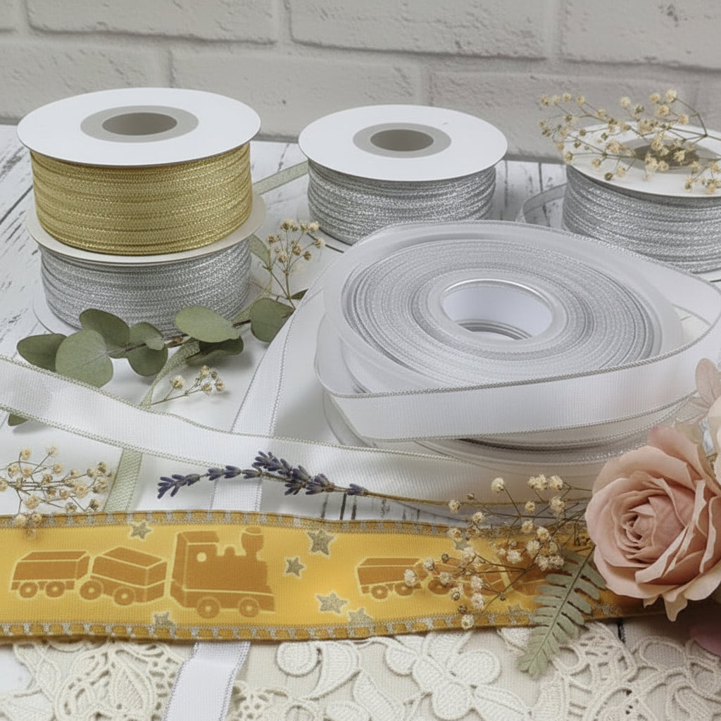 trenino bordo oro argento lurex assortimento vetrina nastro decorativo per bomboniere anniversario matrimonio nozze e decorazioni albero natale confezioni regalo pacchi packaging