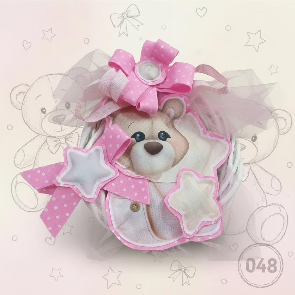 vetrina fiocco nascita coccarda orso ghirlanda fuoriporta vimini midollino bianco con tulle e pannolenci bimba femminuccia