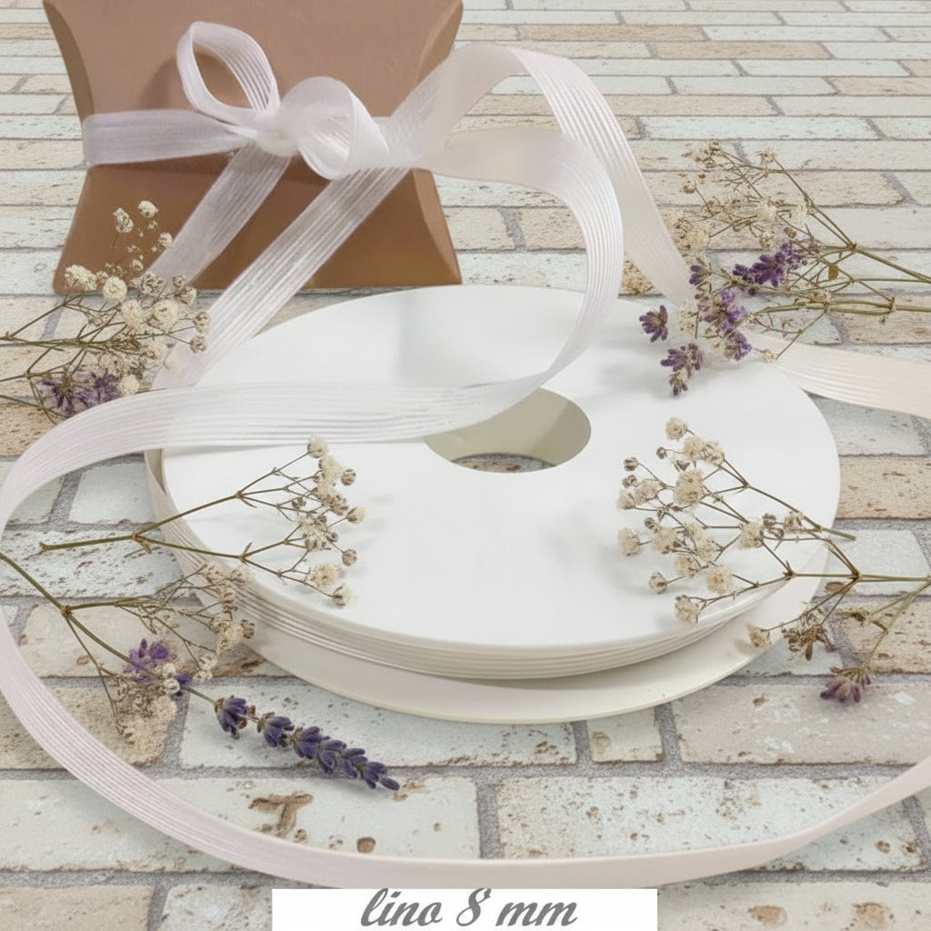 nastro lino sbiancato naturale 8 mm grezzo rustico shabby chic nastrino basso uso fiocchi confezionare bomboniere fai da te chiudipacco regalo packaging segnaposto vetrinistica hobbistica