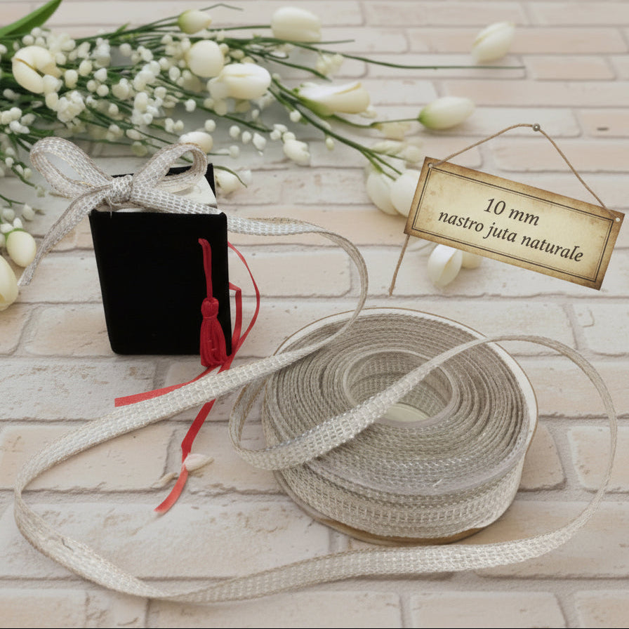 nastro juta naturale grezzo beige rustico shabby chic nastrino basso 10 mm uso fiocchi confezionare bomboniere fai da te chiudipacco regalo packaging segnaposto vetrinistica hobbistica