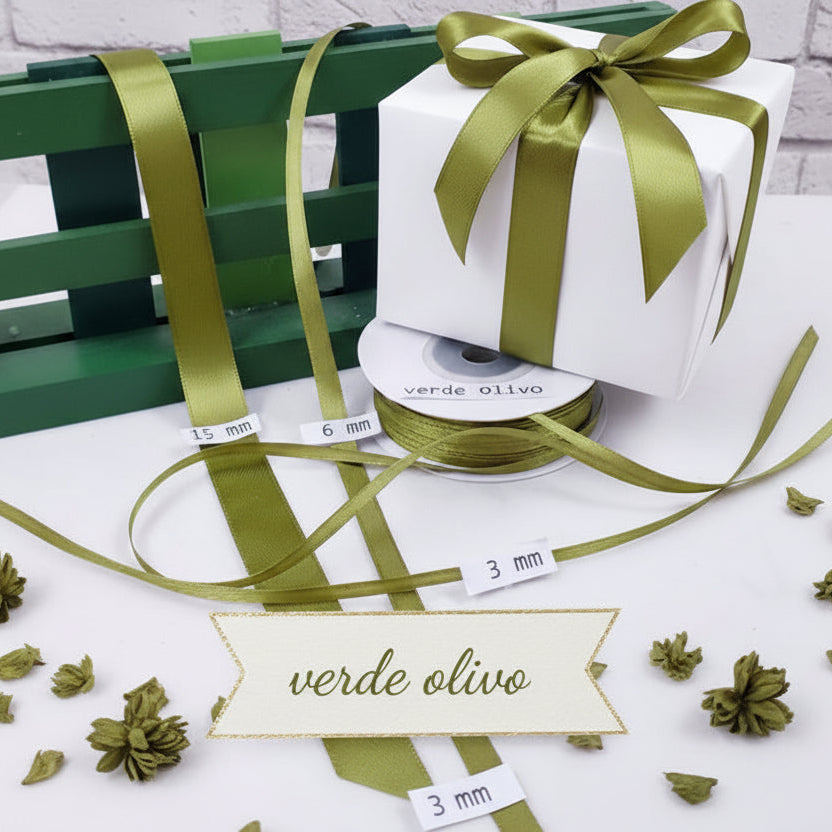 verde olivo 3, 6, 15 mm shop negozio online nastro raso bomboniere fai da te hobby creativi nastrini decorazioni matrimonio colori assortiti uso confezionare regali Natale uova Pasquali packaging confezionamento