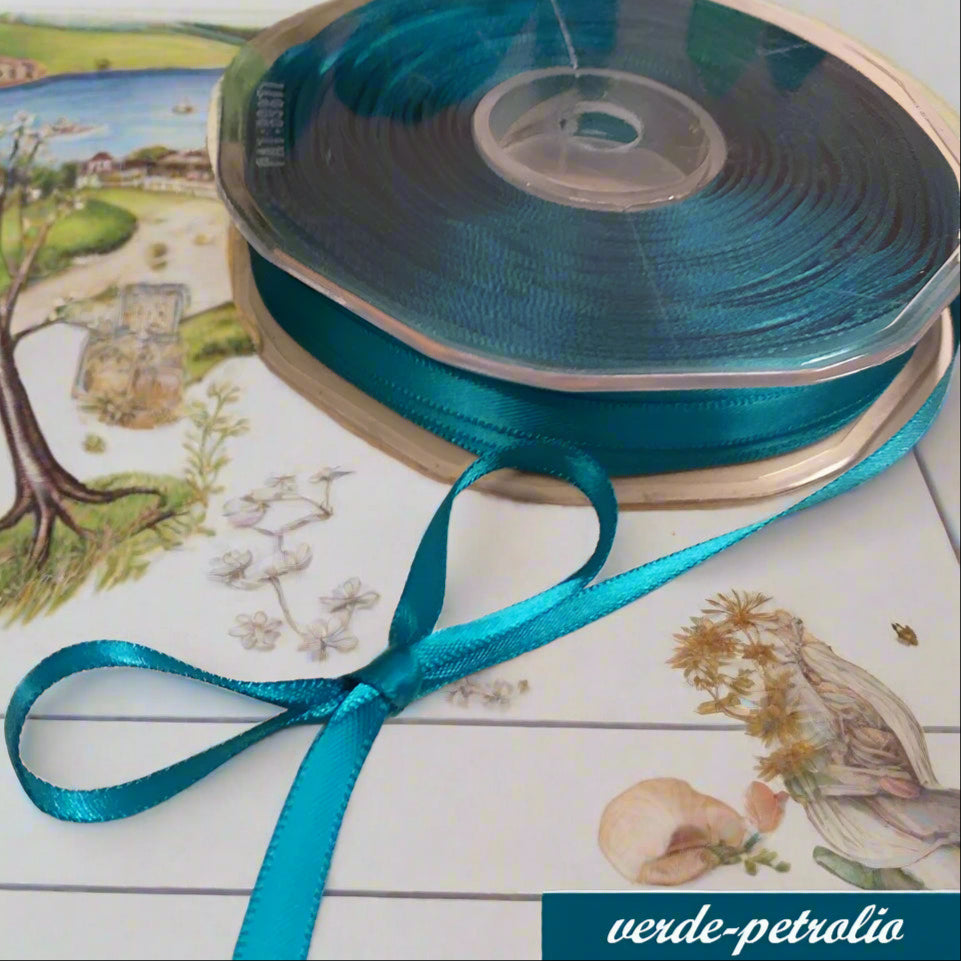 verde petrolio vendita al metro di nastro doppio raso made in Italy colori speciali uso confezionare bomboniere fai da te pacchi regalo hobbistica come passamaneria packaging vetrinistica