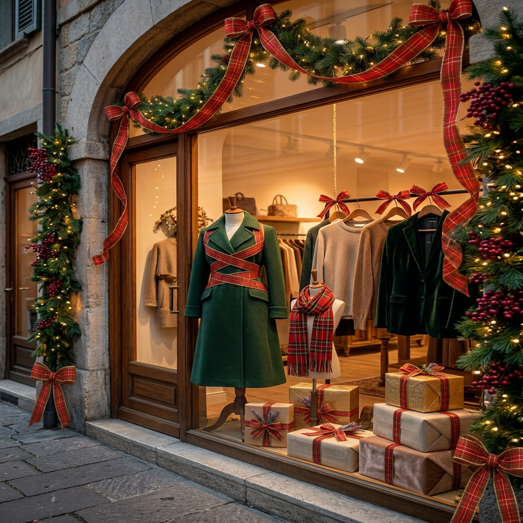 idea vetrina con addobbi natalizi e nastro scozzese tartan rosso oro a quadretti, pacchetti regalo confezionati