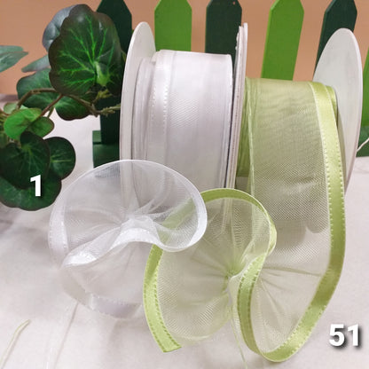 bianco verde voile organza negozio vendita nastri bomboniere con tirante per coccarda e fiocco facile veloce cucito bambole angioletti packaging Natale