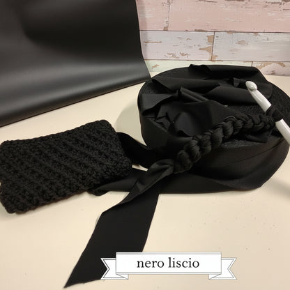 colore nero maglina liscia fettuccia lycra soft uncinetto uso sferruzzare borse pochette clutch bags, borsellino shopper