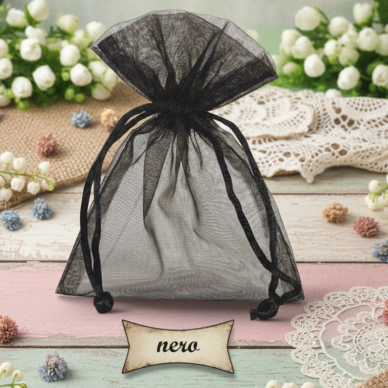 nero negozio online sacchetti organza portaconfetti bomboniere bustine con tirante per confezioni regalo portariso sposi packaging lavanda confezionamento pot-pourri fiori profumati