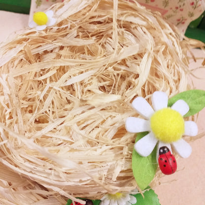 diametro 10 cm nido finto artificiale paglia rafia di legno applicazioni fiori margherite stoffa feltro coccinelle portafortuna uso centrotavola decorazioni addobbi albero pasquale vetrine