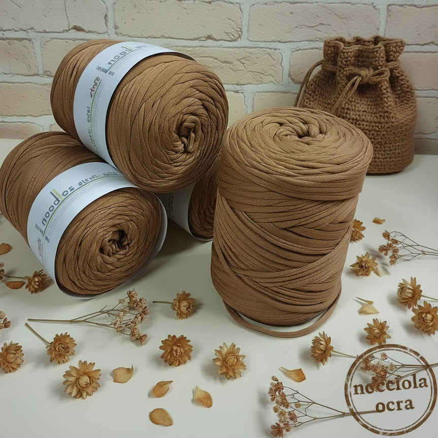 cotone elastica Noodles Stafil nocciola ocra fettuccia uncinetto per borse secchielli pochette cestini