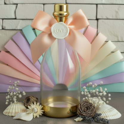 simbolo love ceralacca bottiglia plastica tappo oro fiocco panna nastro bomboniere matrimonio nozze da confezionare confetti tulle allestimento fiori secchi