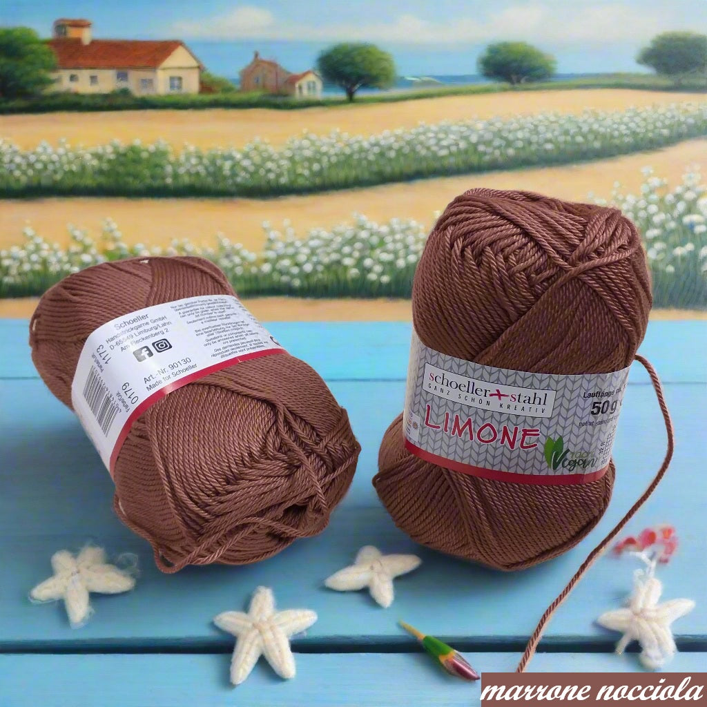 filato grosso marrone nocciola stafil-schoeller limone lana stock filo di cotone  per uncinetto ferri lavori a maglia 3-4 uso sferruzzare crochet top canotta costumi estivi scialli maglie sandali espadrillas capelli bambole di pezza moda mare abbigliamento