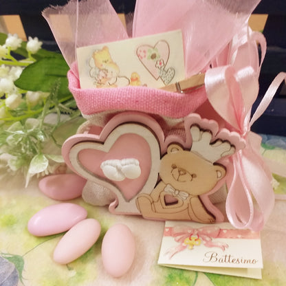 kit fai da te sacchetto juta e portaconfetti casetta forma orso legno naturale rosa bimba femminuccia bomboniera da confezionare bigliettino Battesimo e tulle