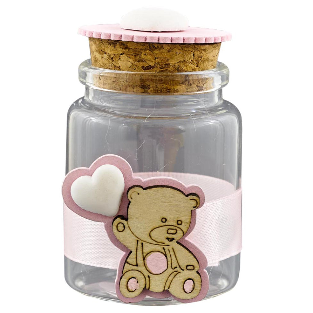 rosa bambina femminuccia barattolo vasetto portaconfetti vetro tappo sughero applicazione gessetto cuore orso legno palloncino nastro kit fai da te da confezionare confetti bigliettino nascita babyshower primo compleanno Battesimo Italian bomboniere