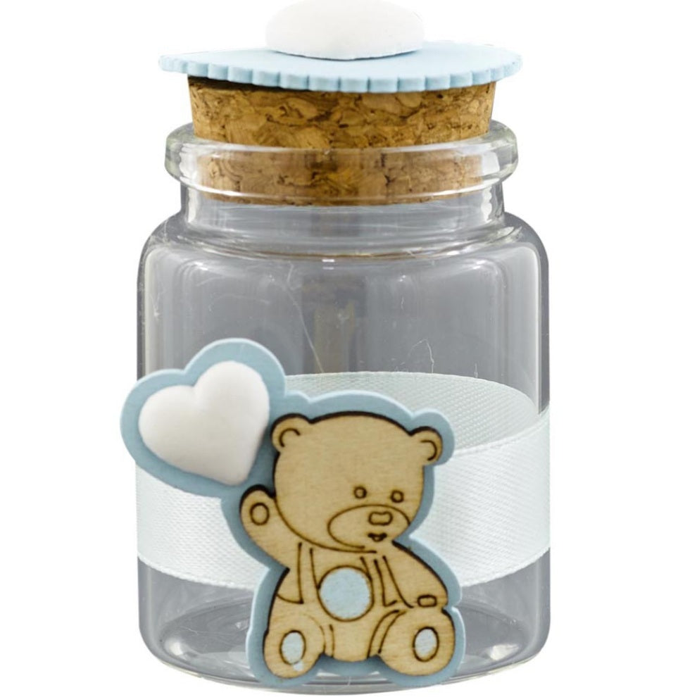 celeste bimbo maschietto barattolo vasetto portaconfetti vetro tappo sughero applicazione gessetto cuore orso legno palloncino nastro kit fai da te da confezionare confetti bigliettino nascita babyshower primo compleanno Battesimo Italian bomboniere