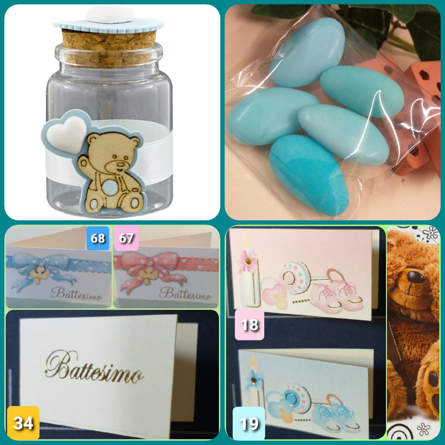 come confezionare orsacchiotto per maschietto bimbo celeste barattolo vasetto portaconfetti vetro tappo sughero applicazione gessetto cuore orso legno palloncino nastro kit fai da te da confezionare confetti bigliettino nascita babyshower primo compleanno Battesimo Italian bomboniere