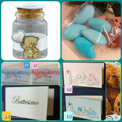 come confezionare orsacchiotto per maschietto bimbo celeste barattolo vasetto portaconfetti vetro tappo sughero applicazione gessetto cuore orso legno palloncino nastro kit fai da te da confezionare confetti bigliettino nascita babyshower primo compleanno Battesimo Italian bomboniere