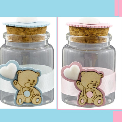 barattolo vasetto portaconfetti vetro tappo sughero applicazione gessetto cuore orso legno palloncino nastro kit fai da te da confezionare confetti bigliettino nascita babyshower primo compleanno Battesimo Italian bomboniere